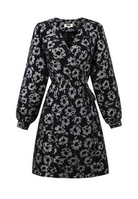 Zwarte jurk met zilveren bloemenpatroon, V-hals, lange pofmouwen, taille aangesnoerd met een riem, en een zoom tot op de knie. Gestructureerde stof.