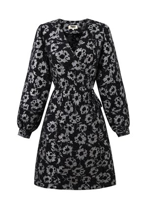 Schwarzes Kleid mit silbernem Blumenmuster, V-Ausschnitt, langen Puffärmeln, tailliert mit Gürtel und knielangem Saum. Strukturierter Stoff.