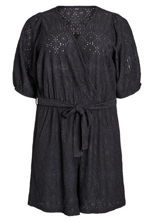 Black lace wrap dress with short puff sleeves, v-neckline, and a fabric belt. Features intricate cut-out patterns throughout.