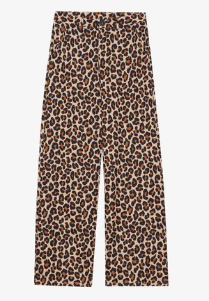 Leopard print wide-leg trousers, featuring a beige base, black and orange spots, with side pockets and a classic waistband.