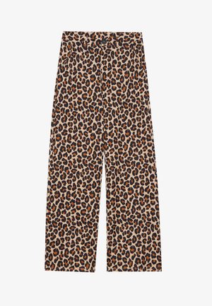 Calças largas com padrão de leopardo, apresentando uma base bege, manchas pretas e laranjas, com bolsos laterais e uma cintura clássica.