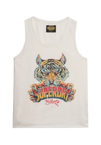Débardeur en coton blanc avec un graphique coloré de tigre et le texte "SUPERDRY Hellcats" en dessous dans une police en gras.
