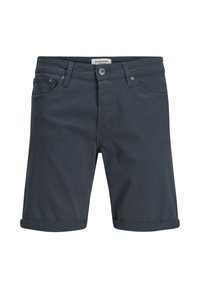 Shorts en coton bleu foncé avec des ourlets roulés, poches avant et un bouton de fermeture visible. Présente des coutures subtiles et une étiquette de marque.