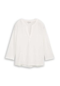 Camicia bianca a maniche lunghe con scollo a V e orlo dritto. Realizzata in tessuto morbido con dettagli di cucitura minimi attorno al colletto.