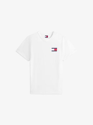 Bijela pamučna majica s okruglim izrezom, sa malim logom u crvenoj, bijeloj i plavoj boji na lijevoj strani prsnog koša. Kratki rukavi, klasičan kroj.