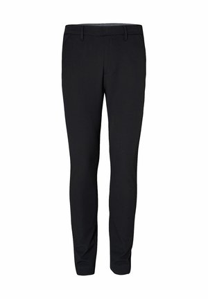 Zwarte slim-fit broek met riemlussen, voorzakken en een rechte pijp, getoond tegen een witte achtergrond.