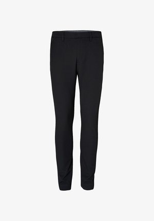 Zwarte slim-fit broek met riemlussen, voorzakken en een rechte pijp, getoond tegen een witte achtergrond.