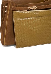 Brown suede handbag with a detachable olive green woven leather pouch. Features gold hardware and a magnetic clasp for closure.