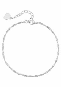 Pulsera de cadena retorcida de plata con cierre de langosta. Presenta un pequeño charm al final de una cadena ajustable.