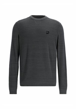 Pelēks garais piedurknes džemperis ar teksturētu adījumu, apaļu kakla izgriezumu un nelielu melnu logo uz krūtīm.