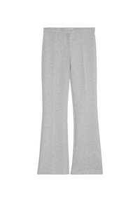 Hellgraue ausgestellte Hose aus weichem, elastischem Stoff, mit einem glatten Bund und einem schlichten, unauffälligen Design.