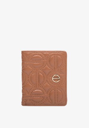 Bruine leren portemonnee met een geperst cirkelpatroon en goudkleurige hardware. Heeft een compact ontwerp met gestikte details.