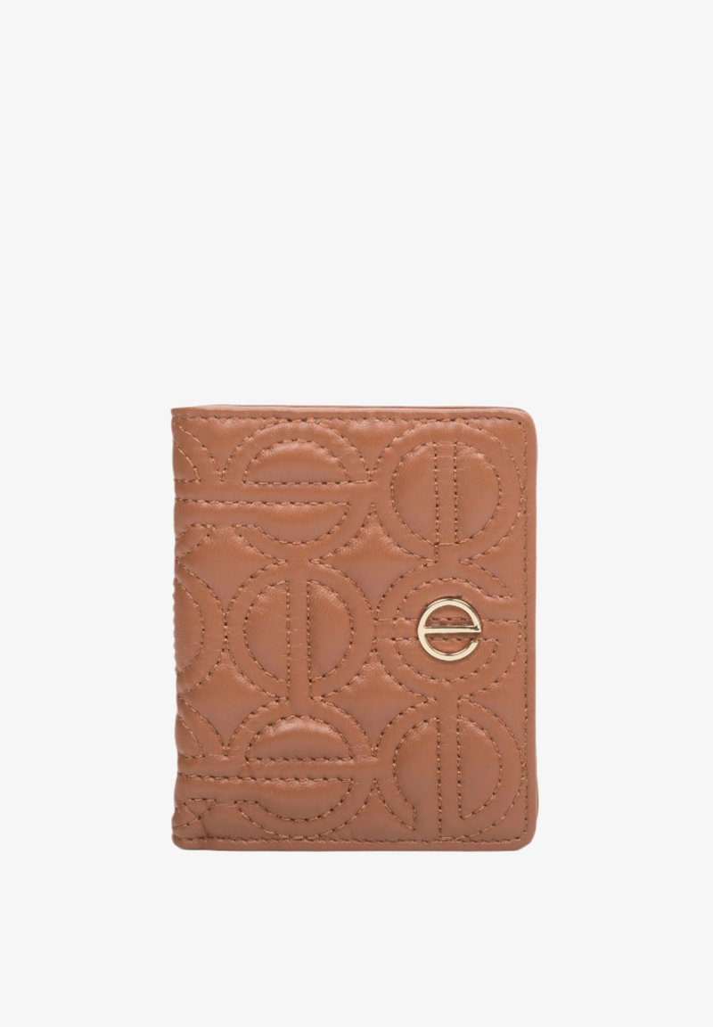 Bruine leren portemonnee met een geperst cirkelpatroon en goudkleurige hardware. Heeft een compact ontwerp met gestikte details.