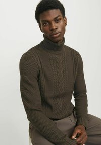 Maglione marrone lavorato a maglia con collo alto, caratterizzato da trame a treccia testurizzate e polsini a coste, indossato con pantaloni grigi.