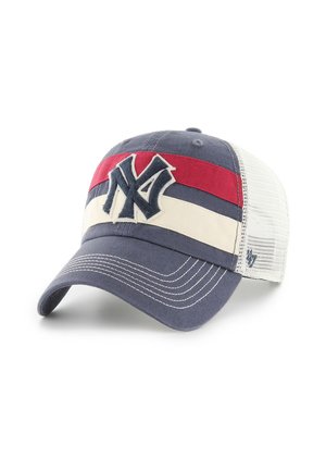 Cappellino da baseball in mesh blu navy e bianco con strisce rosse e beige, con logo New York Yankees in rilievo davanti.