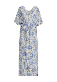 Maximekko kukkakuviolla, jossa on V-pääntie, lyhyet kimono-hihat, nyöri vyötäröllä sekä valkoinen tausta sinivihreillä kukkakuoseilla.