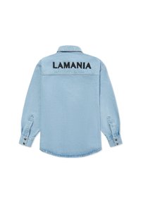 Heled sinine teksashirt, millel on pikad varrukad, nööpidega mansetid ja seljal musta värviga tikitud "LAMANIA". Klassikaline kraedesign.