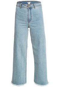 Jeans de pernera ancha de color azul claro, elaborados en denim, con cintura alta, dobladillo deshilachado y cierre de botón frontal.