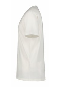 Bílý tričko s krátkým rukávem, kulatý výstřih, hladká textura, vyrobeno z lehkého materiálu, s minimalistickým designem a bez viditelných vzorů či akcentů.