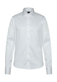 Weißes, langärmeliges Hemd aus glattem Baumwollstoff. Verfügt über einen klassischen Kragen und eine durchgehende Knopfleiste mit perlmuttartigen Knöpfen.