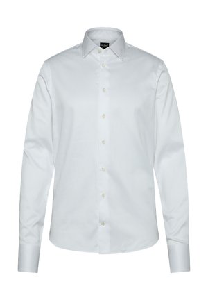 Weißes, langärmeliges Hemd aus glattem Baumwollstoff. Verfügt über einen klassischen Kragen und eine durchgehende Knopfleiste mit perlmuttartigen Knöpfen.