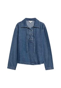 Pull en denim à manches longues, avec un devant à lacets et un col, coupe ample et ourlet droit.