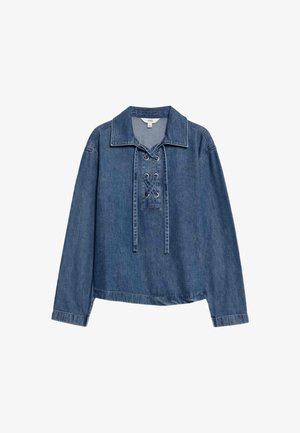 Suéter de denin de manga larga con área de encaje en el frente y cuello, corte holgado y dobladillo recto.