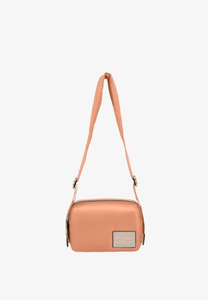 Peach-colored rectangular crossbody bag with a smooth faux leather finish, zip closure, and an adjustable strap. Features a logo plaque.