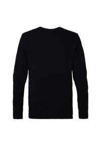 Pull noir à manches longues avec un col rond, vu de dos sur fond blanc.