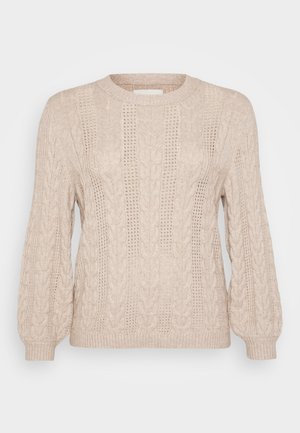 Light beige cable-knit sweater with a ribbed crew neckline and long puffed sleeves. Features textured patterns and a loose fit.