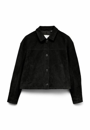 Veste noire en daim à boutons, avec un col classique, des manches longues et deux poches fendues à l'avant, présentée sur un fond blanc.
