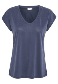 T-shirt basic da donna blu navy a maniche corte con scollo a V, dal taglio rilassato e con un piccolo etichetta del marchio all'interno del colletto.