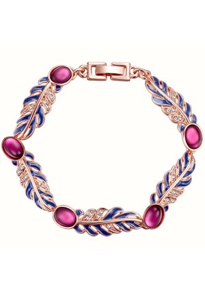 Roze gouden armband met paarse stenen en blauwe accenten. Bladvormig ontwerp met sprankelende details. Veilige sluiting aan de achterkant.