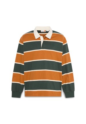 Langärmliges Rugby-Shirt mit breiten, abwechselnd dunkelgrünen und rostorangenen horizontalen Streifen, weißem Kragen und kleinem gesticktem Logo auf der Brust.