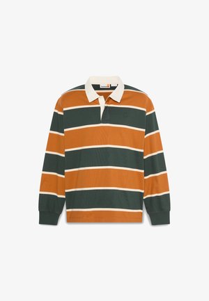 Long-sleeve rugby shirt with wide alternating dark green and burnt orange horizontal stripes, white collar, and small embroidered logo on chest.