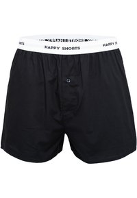 Schwarze Baumwollboxershorts mit einem weißen elastischen Bund, auf dem der Text "HAPPY SHORTS" steht. Vorderer Knopfverschluss und glatte Textur.