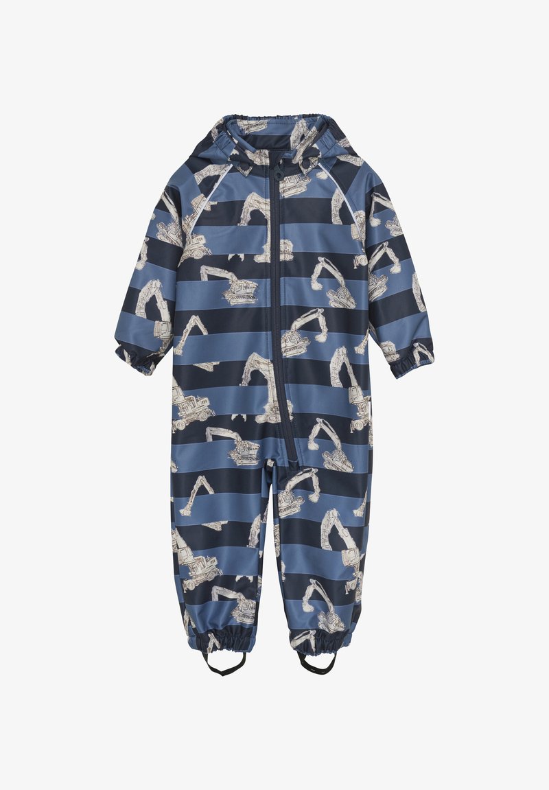 Blauer wasserdichter Overall mit einem Muster von Baggern auf navyblauen Streifen. Enthält eine Kapuze, elastische Bündchen und einen Frontreißverschluss.