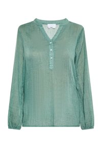 Blusa in tessuto verde stropicciato con scollatura a V, chiusura con bottoni e maniche lunghe con polsini arricciati. Design leggero e testurizzato.
