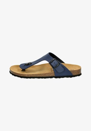 Navy blue thong sandal with adjustable buckle strap, tan cork footbed, and black textured sole for casual wear.