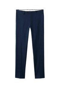 Granatowe spodnie z teksturowanej tkaniny, o kroju prostej nogawki, z dwoma przednimi kieszeniami i zapięciem na jeden guzik w pasie.