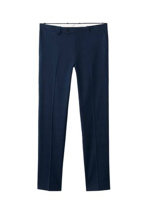 Granatowe spodnie z teksturowanej tkaniny, o kroju prostej nogawki, z dwoma przednimi kieszeniami i zapięciem na jeden guzik w pasie.