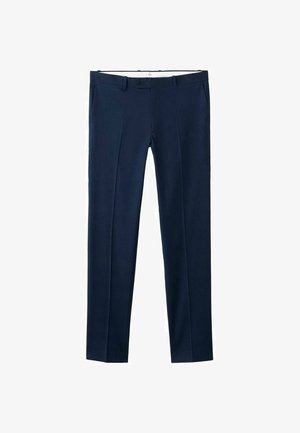 Granatowe spodnie z teksturowanej tkaniny, o kroju prostej nogawki, z dwoma przednimi kieszeniami i zapięciem na jeden guzik w pasie.