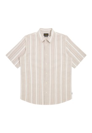 Camicia beige a maniche corte con strisce verticali bianche e marroni, chiusura con bottoni sul davanti e colletto appuntito, marchiata Wrangler.