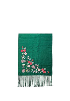 Grüner rechteckiger Schal mit Blumenstickerei in der Ecke und Fransen am unteren Rand.