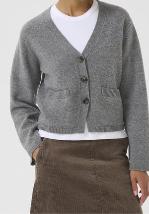 Cardigan gris boutonné avec deux poches avant, porté sur une chemise blanche, assorti à une jupe en velours côtelé brun.