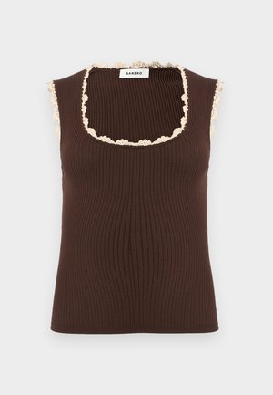 Haut marron côtelé sans manches avec encolure carrée et bordure en dentelle beige, étiquette Sandro.