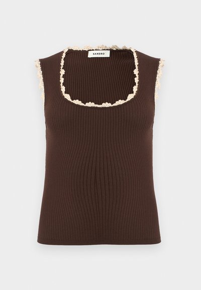 Καφέ ριμπ πουκάμισο χωρίς μανίκια με τετράγωνο ντεκολτέ και μπεζ δαντέλα γύρω από τις άκρες, με ετικέτα Sandro.