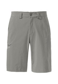 Pantalones cortos grises para exteriores hechos de un tejido ligero. Incluye bolsillos laterales y un bolsillo con cremallera en el muslo. Textura suave.