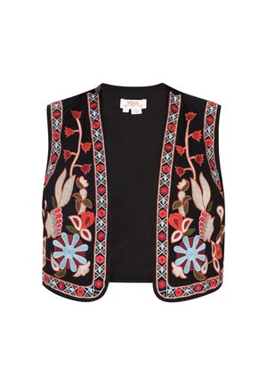 Gilet senza maniche nero con intricato ricamo floreale e geometrico in rosso, blu e verde. Tessuto morbido con design aperto davanti.