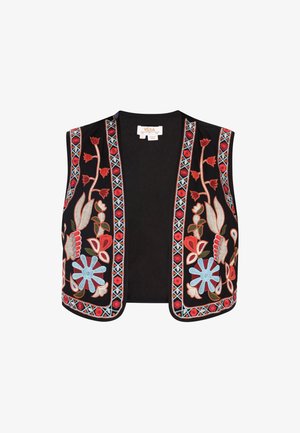 Fekete ujjatlan mellény, melyet bonyolult piros, kék és zöld virágos és geometrikus hímzés díszít. Puha anyag, nyitott elülső kialakítással.
